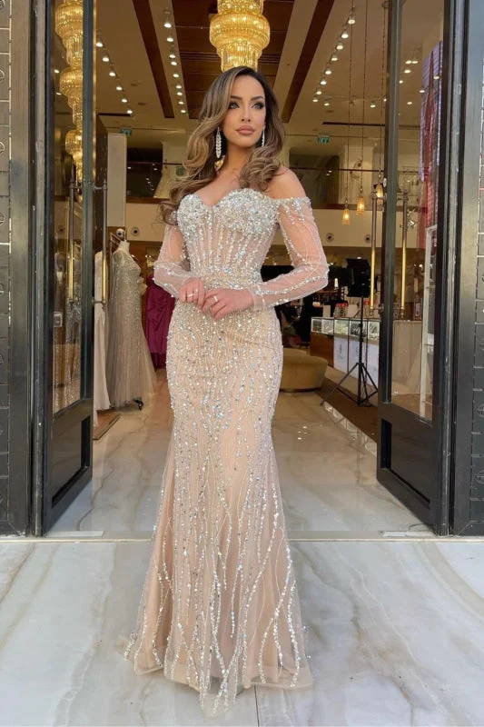 sequined formal evening gown-Heavy Sweetheart Prom Dress with Long Sleeves and Strapless Beadings