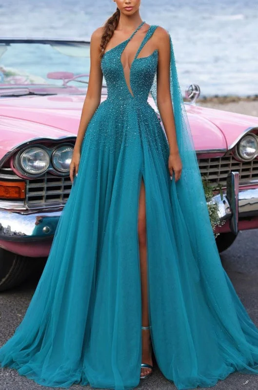 sheer sleeve evening dress-Heavy Tulle Prom Dress Green Sequins with Trail High Slit