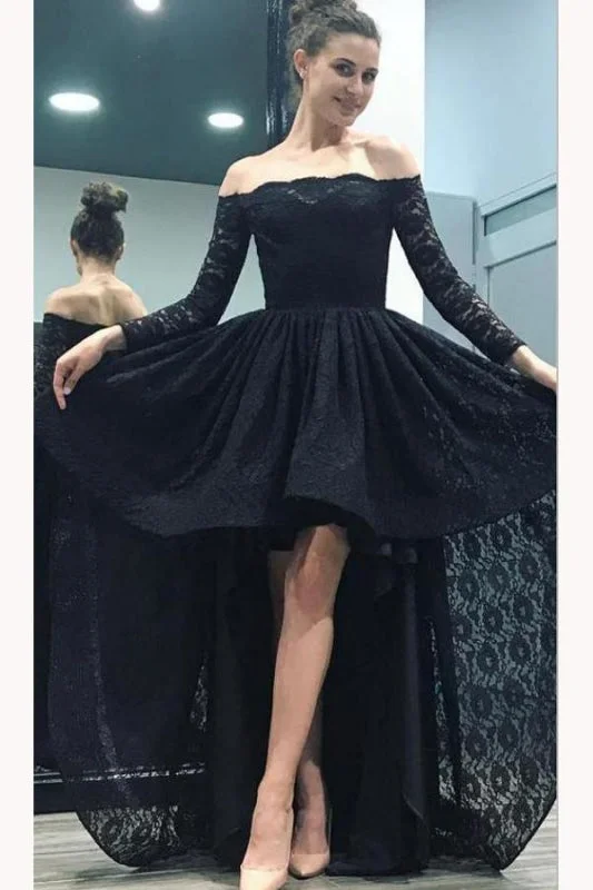 evening dress with bow detail-High-Low Black Off the Shoulder Long Sleeves Prom Dress Sexy Lace Party Gown