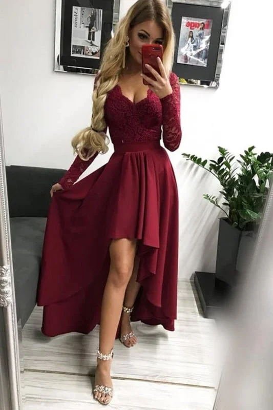 evening dress with shawl-High Low Long Sleeves V Neck Prom Burgundy A Line Graduation Dress with Lace