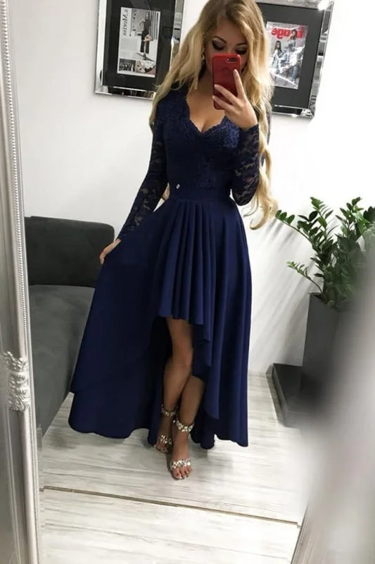 evening gown for black-tie events-High Low Long Sleeves V Neck Prom Dark Blue A Line Graduation Dress with Lace