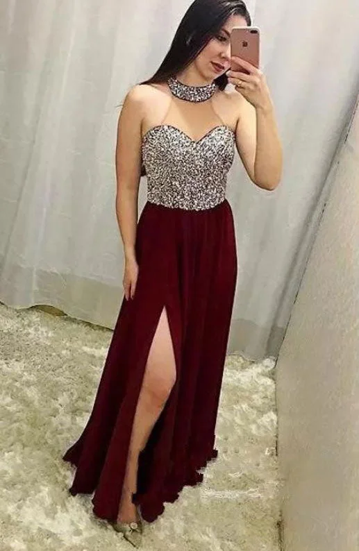 modest evening dress-High Neck Split Side Burgundy Long Prom Dresses Evening Gowns