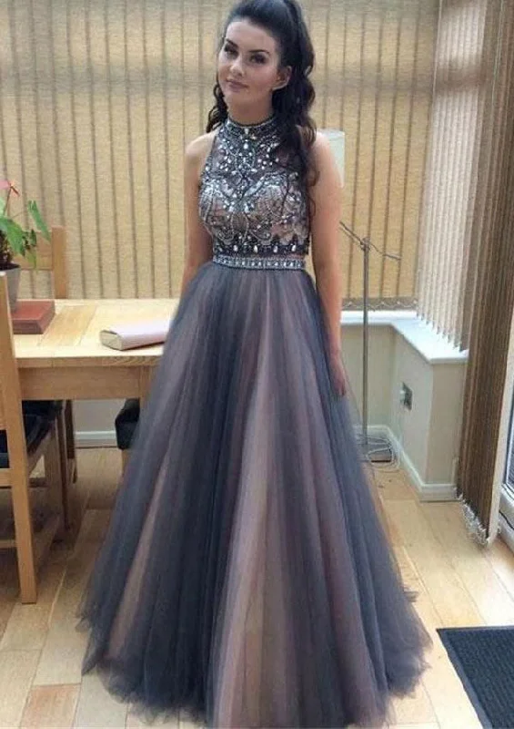 beaded evening gown-High Neck Tulle Long Prom Dresses with Beaded