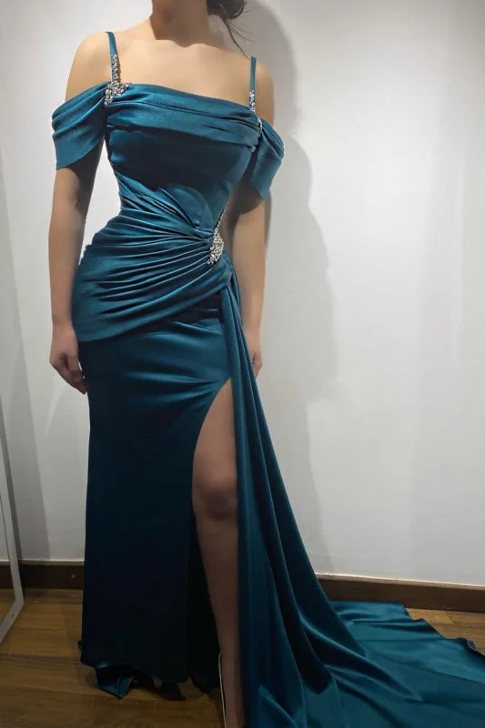 elegant velvet evening gown-Ink Blue Prom Dress Spaghetti Strap Charmeuse Sleeveless High Slit