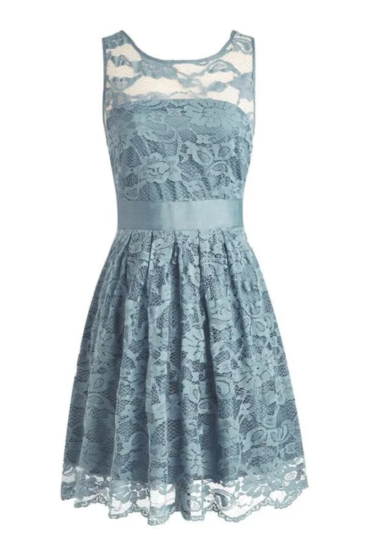 high-low evening gown-Knee-length Lace Sleeveless Blue Prom/Homecoming Dress