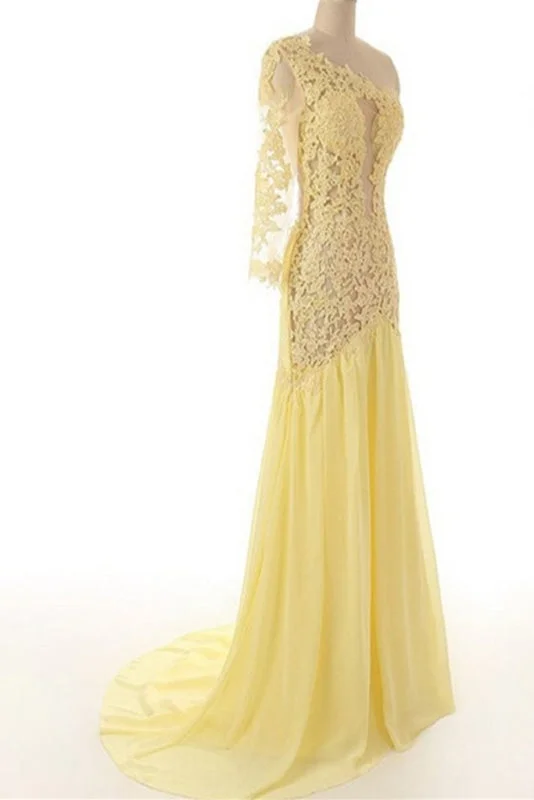 evening gown with train-Lace Chiffon Daffodil Long Prom Evening Dresses