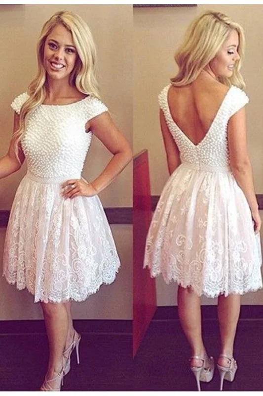 cap sleeve evening gown-Lace Strap Scoop Bead Prom Dress Homecoming Dresses