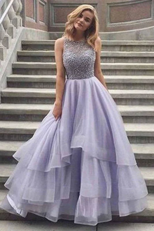 sheer sleeve evening dress-Lavender Sleeveless Scoop Tiered Tulle with Beads Prom Long Formal Dress