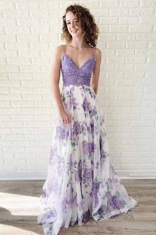 evening gown with cape-Lavender Spaghetti Straps V Neck Floral Chiffon Prom Dress with Lace