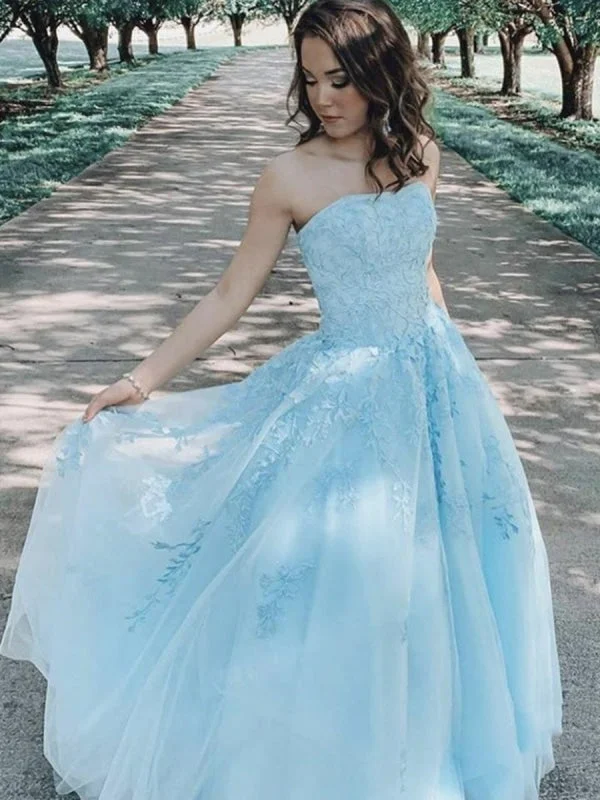 evening gown with fringe-Light Blue A Line Strapless Lace Appliques Long Prom, Light Blue Lace Formal, Lace Blue Evening