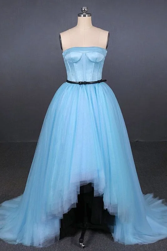 evening gown with sequins-Light Blue High Low Strapless Prom Hi-Lo Tulle Evening Dresses