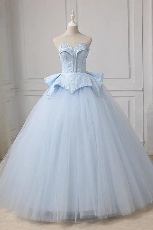 cap sleeve evening gown-Light Blue Sweetheart Ball Gown Beading Tulle Prom Sweep Train Quinceanera Dress