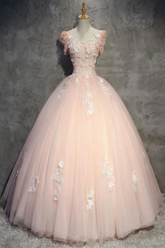 elegant evening gown with train-Light Peach Tulle Long Prom with Flowers Princess Ball Gown Sheer Neck Party Dress