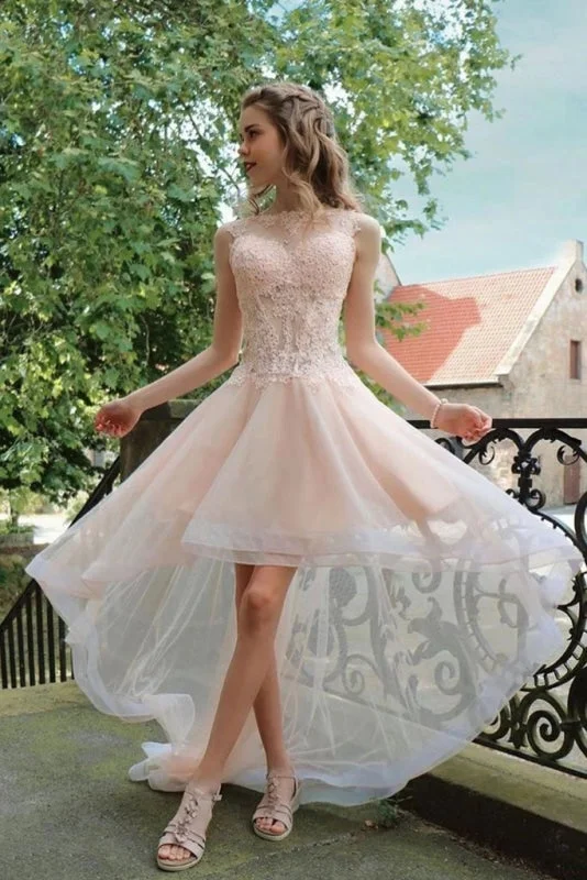 empire waist evening dress-Light Pink High Low Sleeveless Tulle Prom Dress with Lace Cute Hi Lo Party Dresses