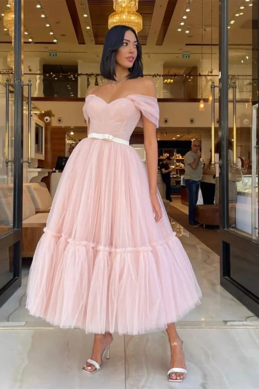 metallic evening dress-Light Pink Sweetheart Off-The-Shoulder Tulle Prom Dress with Belts