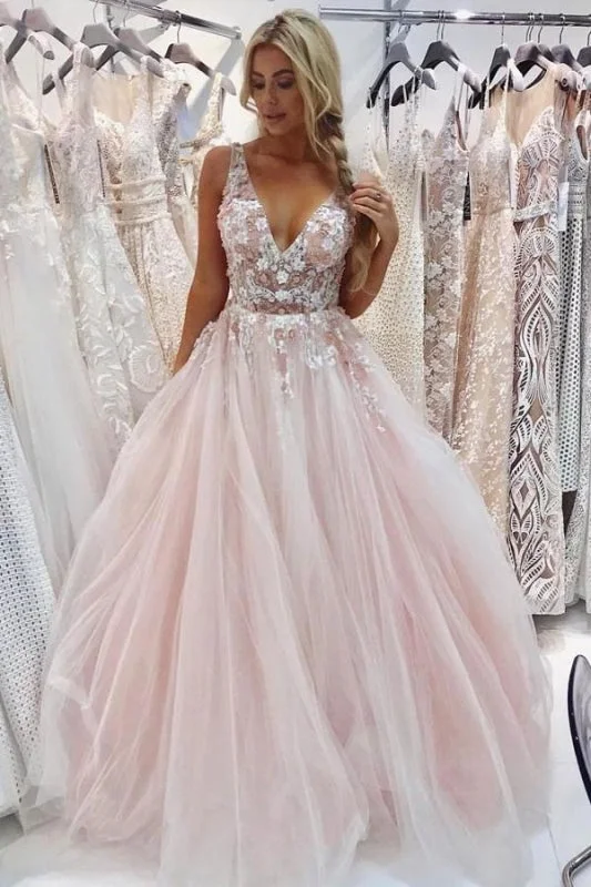 glamorous evening dress-Light Pink V Neck Sleeveless Tulle Prom Dress with Flowers and Beads