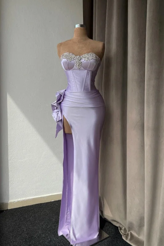 sweetheart neckline evening gown-Light Purple Sleeveless Prom Dress with Rhinestone High Slit Gown