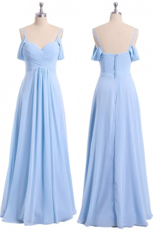 off shoulder evening gown-Light Sky Blue Off Shoulder Spaghetti Strap Chiffon Dresses Floor Length Formal Dress