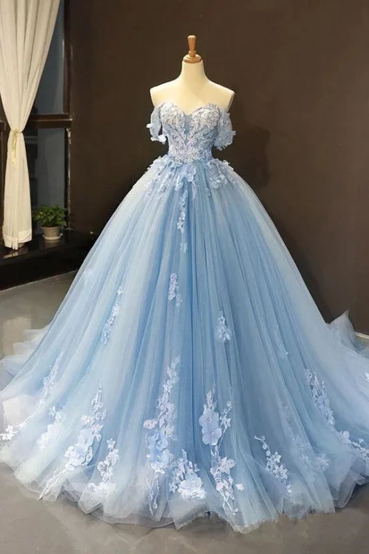 beaded evening gown-Light Sky Blue Off the Shoulder Ball Gown Tulle Prom Dress with Applique