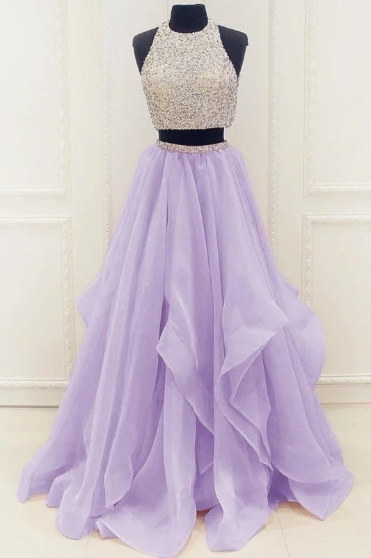 evening gown with fringe-Lilac New Arrival Modest Organza Dresses Stunning Sequin Two Piece Prom Dress