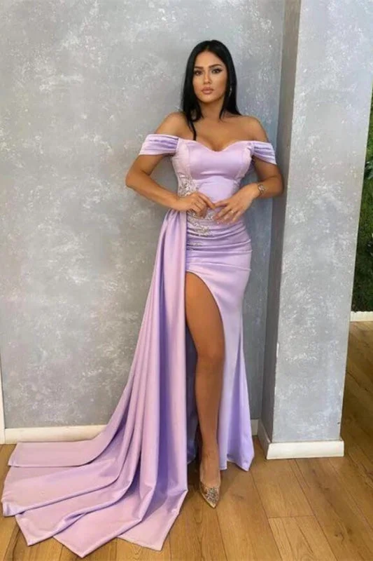 off-the-shoulder evening gown-Lilac Off-The-Shoulder Beads Mermaid Prom Dress with Ruffle Split