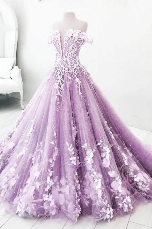 backless evening gown-Lilac Off the Shoulder Gorgeous Long Prom Charming Formal Dress with Flowers