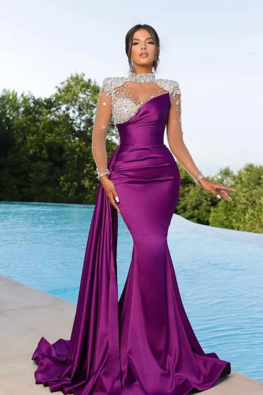 off-the-shoulder evening gown-Long Purple Mermaid Prom Dress with Trail Beadings and Long Sleeves