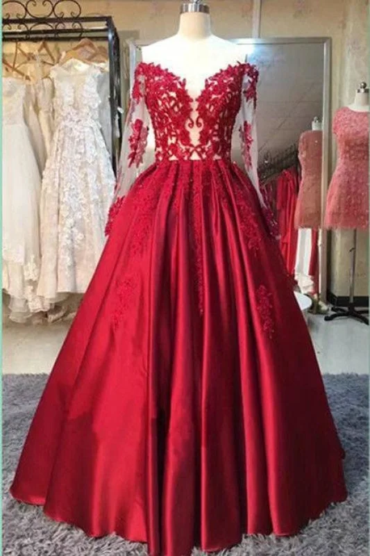 sequined formal evening gown-Long Sleeve Ball Gowns Red Stain Prom Dresses with Appliques Wedding Party Dress