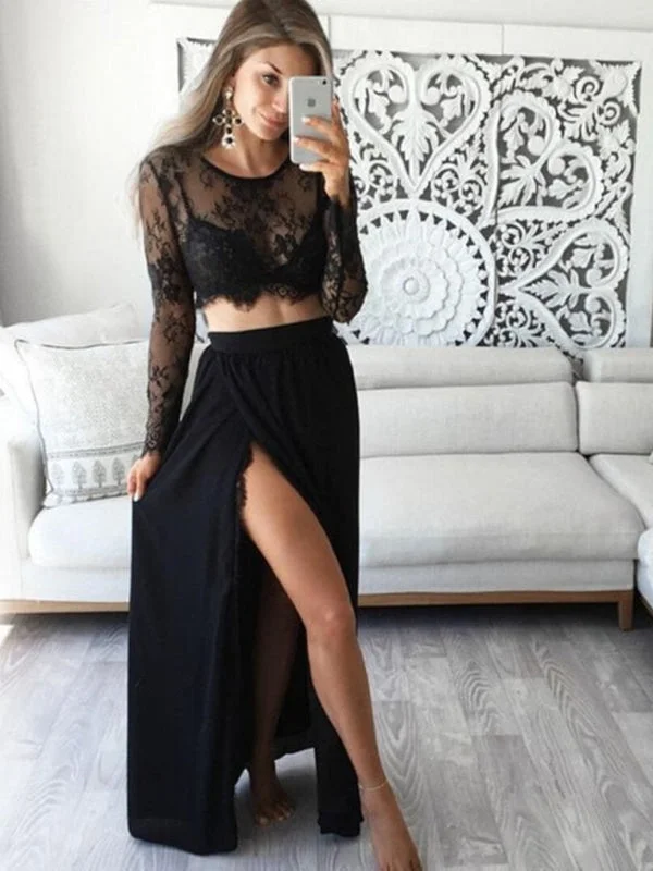 evening dress with sleeves and lace-Long Sleeves 2 Pieces Lace Black Long Prom with High Slit, 2 Pieces Black Lace Graduation, Evening