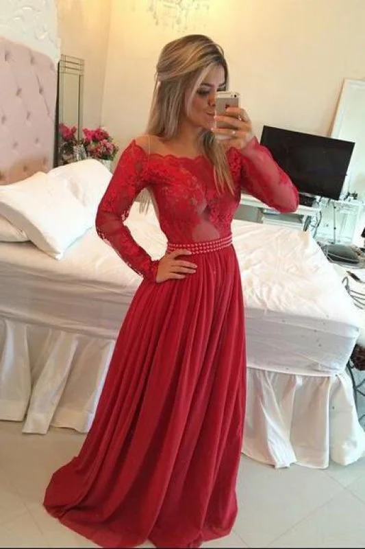 elegant white evening gown-Chiffon Pearls Beaded Red Fuchsia Sheer A-line Evening Gowns