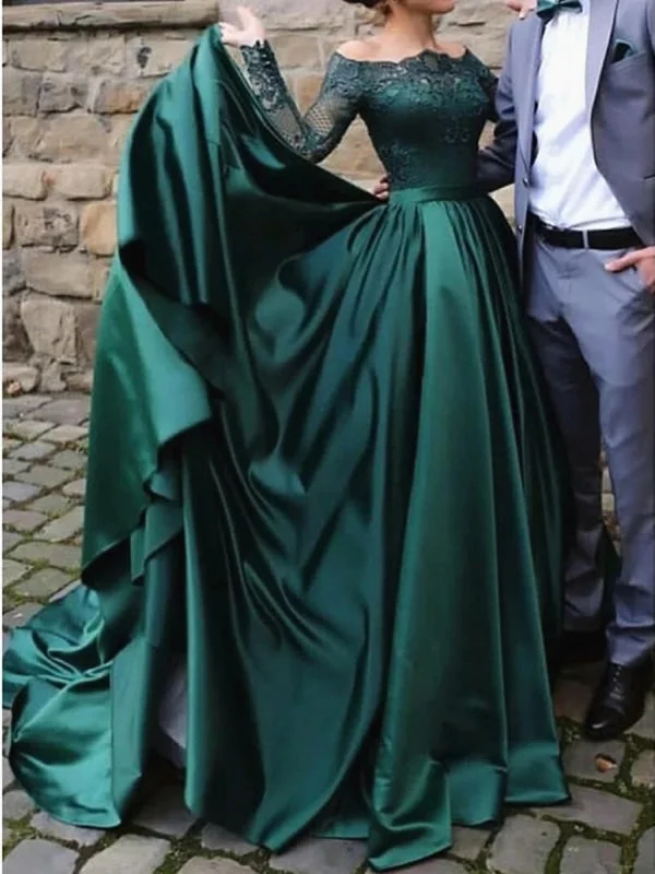 deep V-neck evening gown-Long Sleeves Lace Emerald Green Prom, Emerald Green Lace Formal, Green Evening