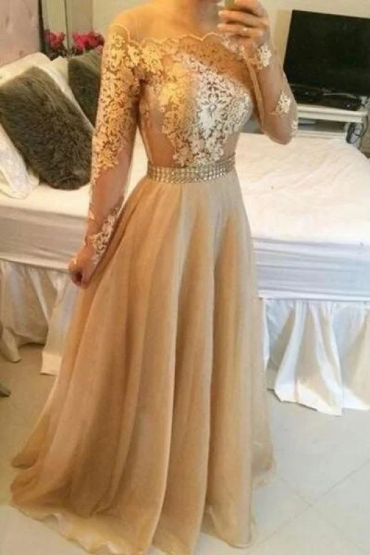 evening gown with keyhole-Sleeves Sheer Prom Dresses A-line Crystals Sexy Formal Evening Gowns