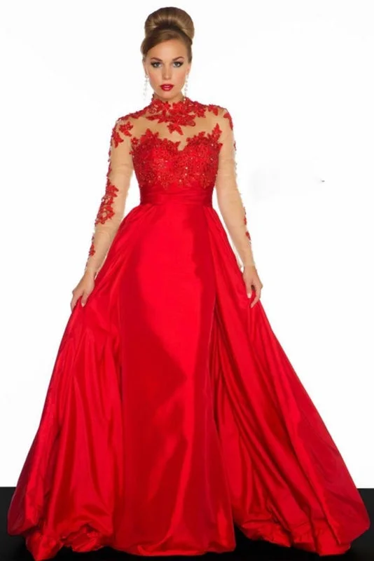 illusion back evening gown-Long Sleeves Red A-Line Prom Dresses Evening Dress