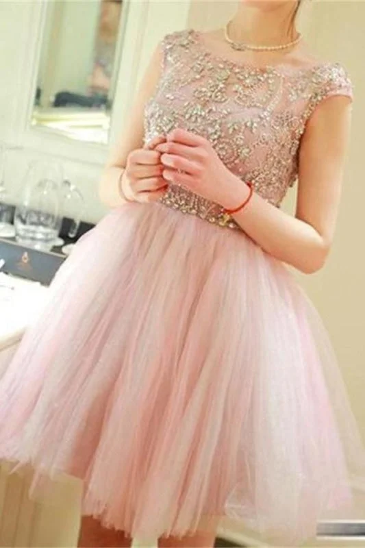 elegant velvet evening gown-Lovely Strap Beading Tulle Prom Dress Homecoming Dresses