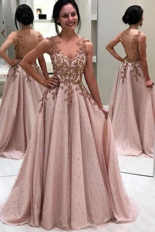 spaghetti strap evening dress-Luxury Beaded Long Prom A-line Popular Appliqued Pretty Evening Dresses