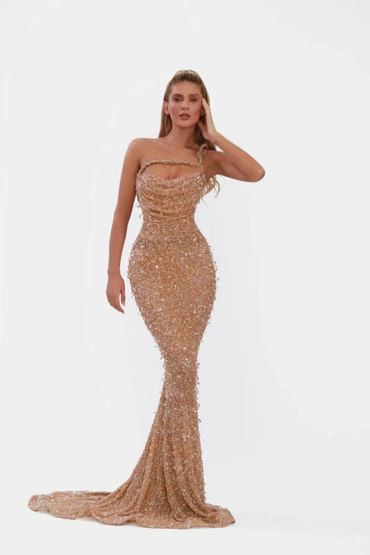 elegant evening dress with beads-Luxury Crystal Diamante Mermaid Prom Dress Long Backless Sleeveless Evening Gowns