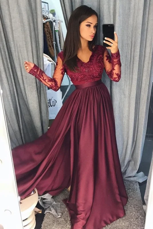 evening gown for prom-Maroon Long Sleeve V-neck Prom Dress Lace Banquet Gown with Slit