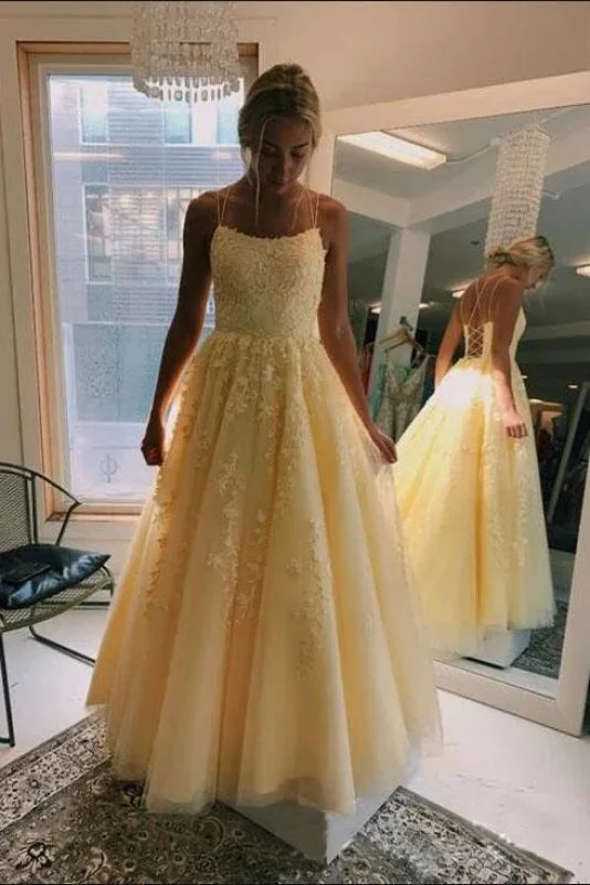 off shoulder evening gown-Marvelous Glorious Attractive Yellow Puffy Spaghetti Straps Floor Length Prom with Appliques Long Evening Dress