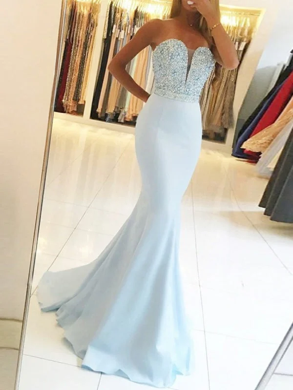 tulle evening dress-Mermaid Strapless Backless Beaded Light Blue Long Prom, Light Blue Mermaid Formal, Evening