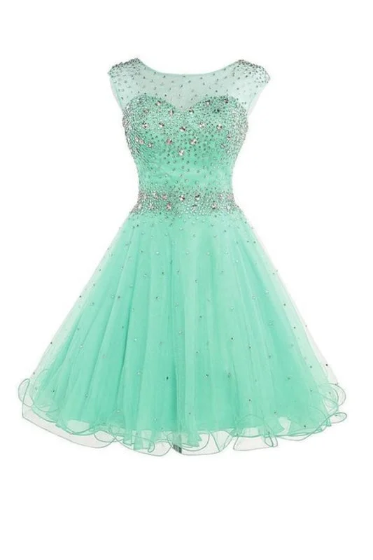 evening gown for formal events-Mint Short Tulle Beading Homecoming Dress Graduation Gown