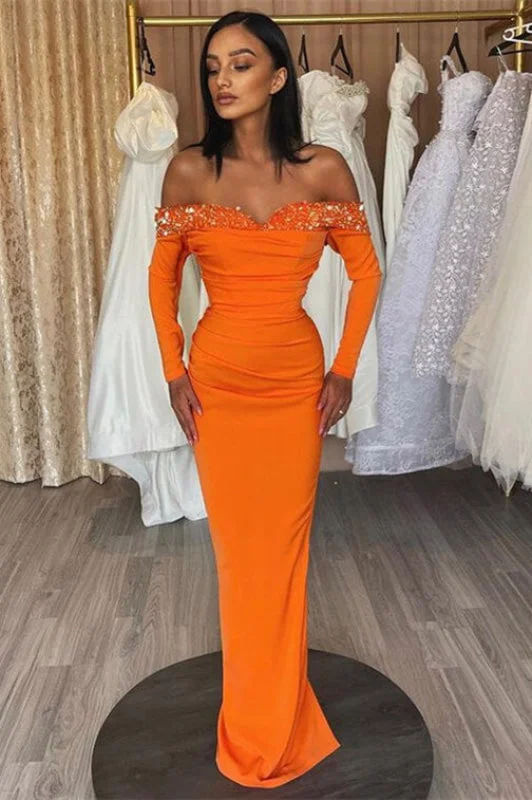 shimmering evening dress-Modern Orange Off-The-Shoulder Long Sleeves Strapless Mermaid Prom Dress with Sequins