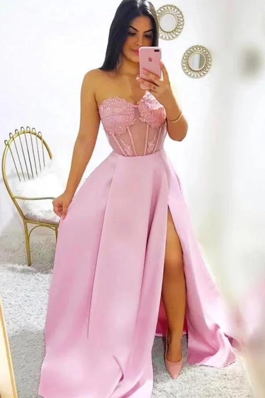 satin evening dress-Modest A-line Sweetheart Split Long Dresses Fashion Prom Gowns with Appliques