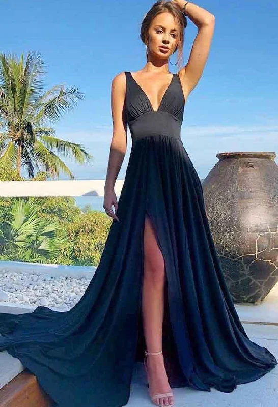 sleeveless evening dress-Navy Blue Deep V Neck Split Side Prom Dresses