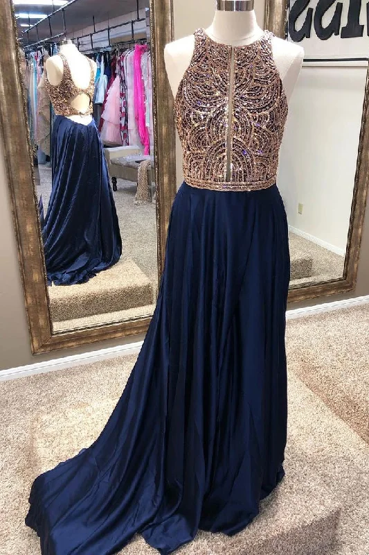 floor-length evening gown-Navy Blue Long Prom Dresses with Criss Cross