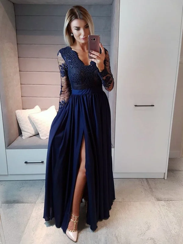 shimmering evening dress-Navy Blue Long Sleeves Beaded Lace Long Prom with High Slit, Long Sleeve Navy Blue Formal, Lace Evening