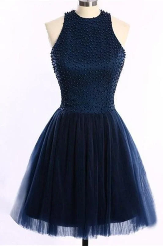 elegant formal evening dress-Navy Blue O-Back Short Prom Dresses Homecoming Dress