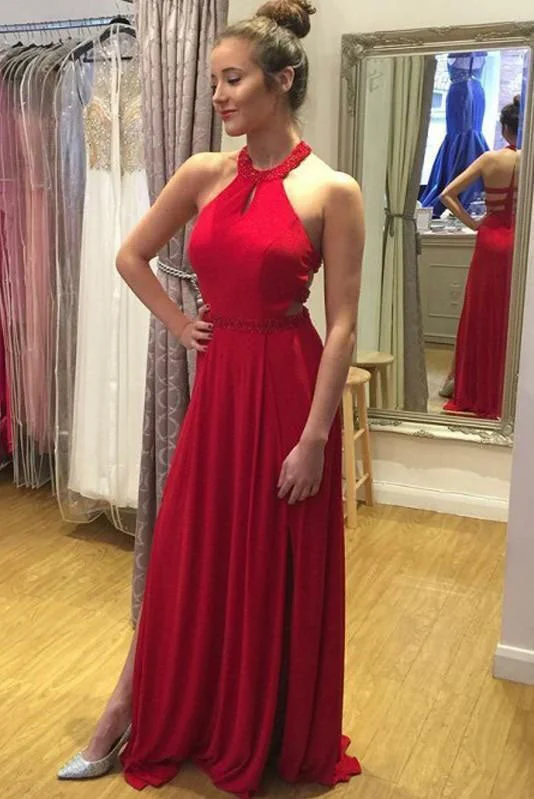 floral print evening dress-New Arrival Halter Red Long Prom Dresses with Beaded