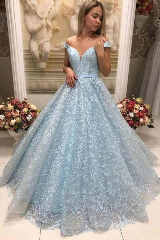 cap sleeve evening gown-New Arrival Light Blue Lace Puffy Off Shoulder Prom Dresses Formal Evening Dress