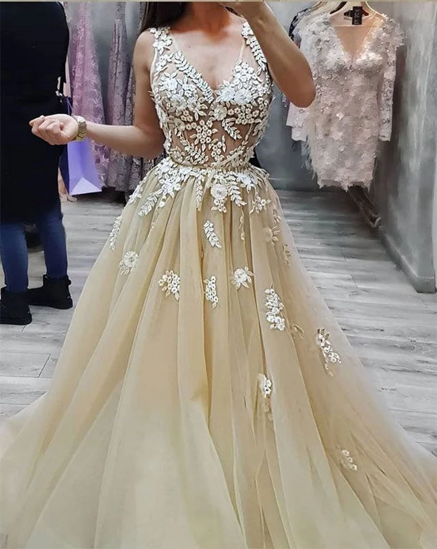 evening gown with cape-New Arrival V Neck Sweep Train Prom Dresses with Appliques