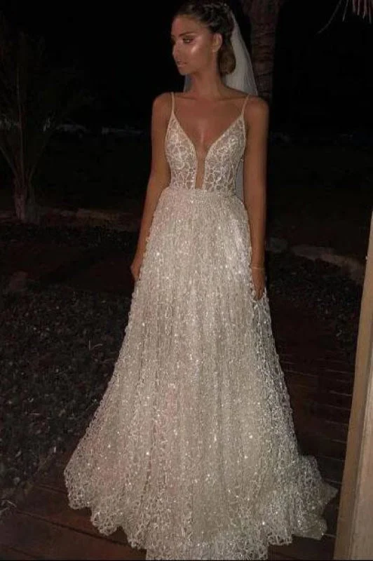 off-the-shoulder evening gown-New Style A Line Deep V Neck Sequined Prom Dresses Spaghetti Straps Floor Length Dress